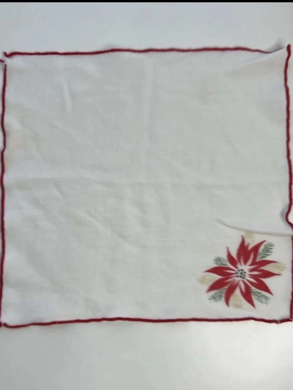Vintage Poinsettia Flower Red White Cotton Floral Women’s Hankerchief 9” X 9”